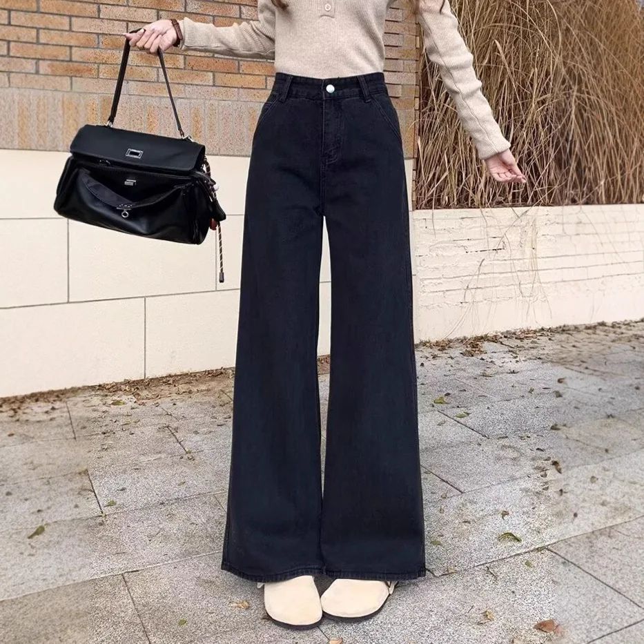 High Waist Wide Leg Black Denim Jeans Women's Autumn Winter New Style Loose Fit Floor Length Bell Bottoms Trendy