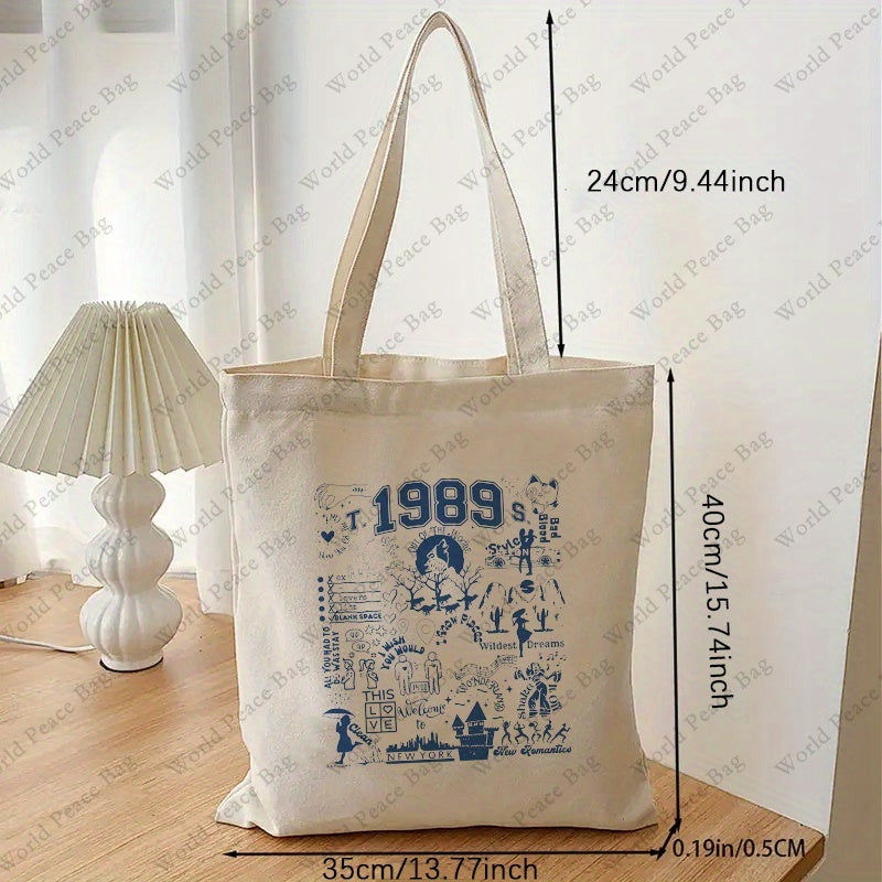 1pc 1989 pattern Canvas Shopping Bag, TS Merch Portable Shoulder Bag, taylor's version Trendy Tote Bag For Daily Life
