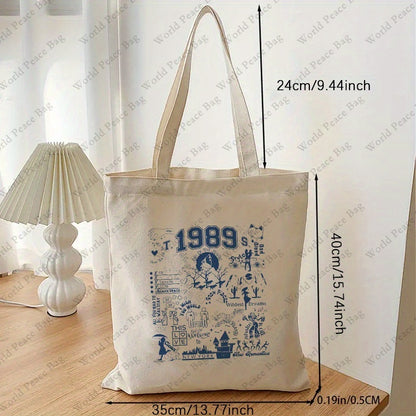 1pc 1989 pattern Canvas Shopping Bag, TS Merch Portable Shoulder Bag, taylor's version Trendy Tote Bag For Daily Life