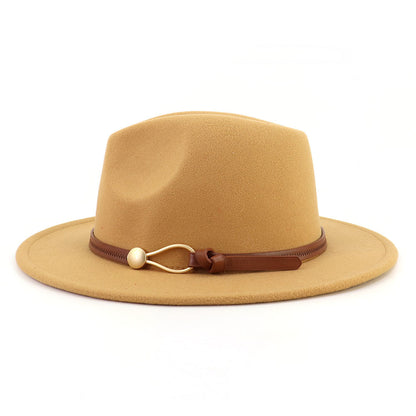 New Brown Belt Buckle Jazz Fedora Hat Autumn Winter Women Men Party Church Top Hat Wide Brim Sun Hat Felt Panama Cap