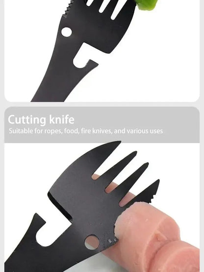 Outdoor Multi-functional 5-in-1 EDC Camping Survival Tool Stainless Steel Fork Knife Spoon Can Opener Bottle Opener Wrench