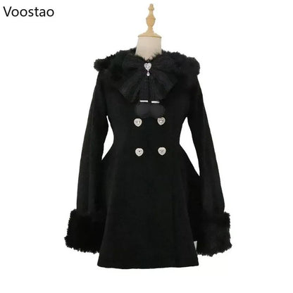 Autumn Winter Japanese Kawaii Lolita Woolen Coat Women Sweet Bow Plush Slim Jacket Female Korean Style Warm Dress Cute Overcoat
