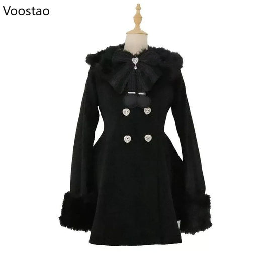 Autumn Winter Japanese Kawaii Lolita Woolen Coat Women Sweet Bow Plush Slim Jacket Female Korean Style Warm Dress Cute Overcoat