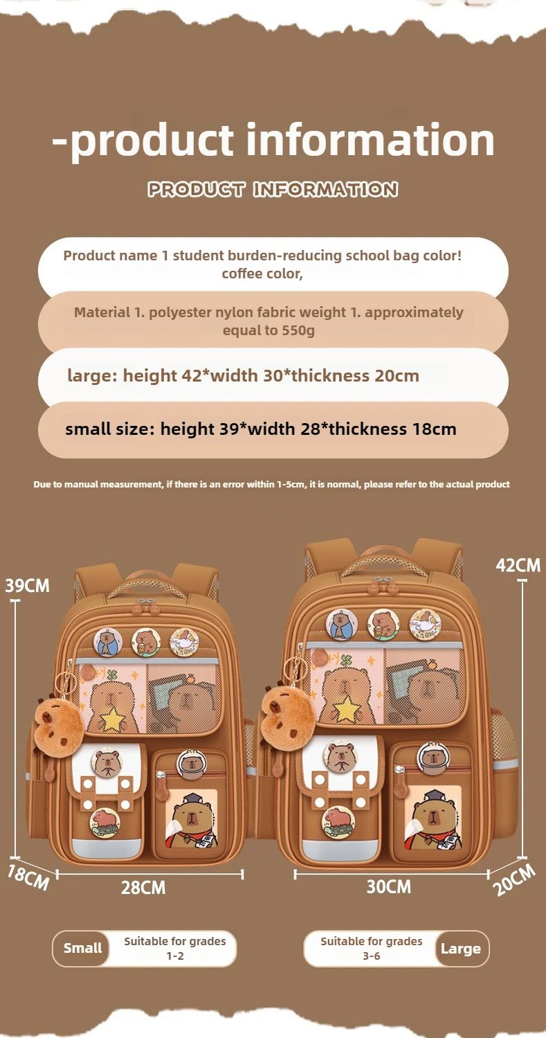 Capybara Children Backpack Waterproof Student Schoolbag Large Capacity Alleviate Burden School Bag Orthopedic Backpack Book Bag