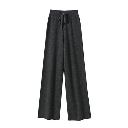 Spring Autumn Women High Waist Wool Wide Leg Pants Solid Soft Warm 100% Merino Wool Knitted Trousers Belt Casual Korean Fashion