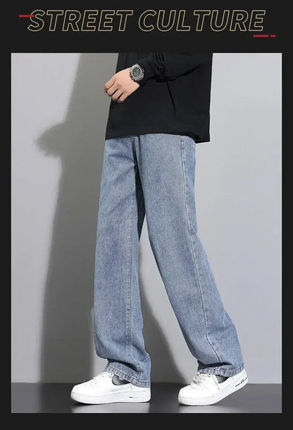2025 Calças Jeans Casuais Masculinas Coreanas Novas Retas Longas Perna Larga Jeans Cor Sólida Azul Claro Cinza Preto