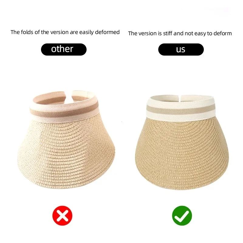2025 New Summer Outdoor Visor Cap Casual Shade Hat Straw Wide Empty Top Sun Hat Anti Uv Female Large Brim Beach Sunhat Lady