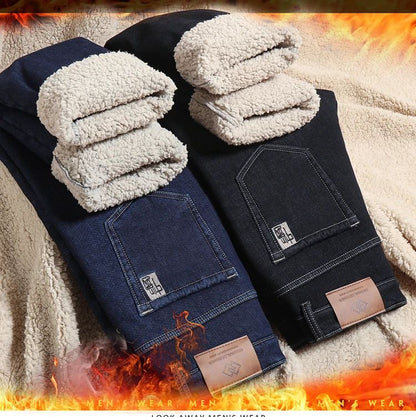 Calça Jeans Masculina de Lã Aveludada, Inverno, Forrada com Lã Grossa, Casual de Negócios, Reta, Jeans, Macia, Confortável, Térmica, Elástica, Calças Masculinas