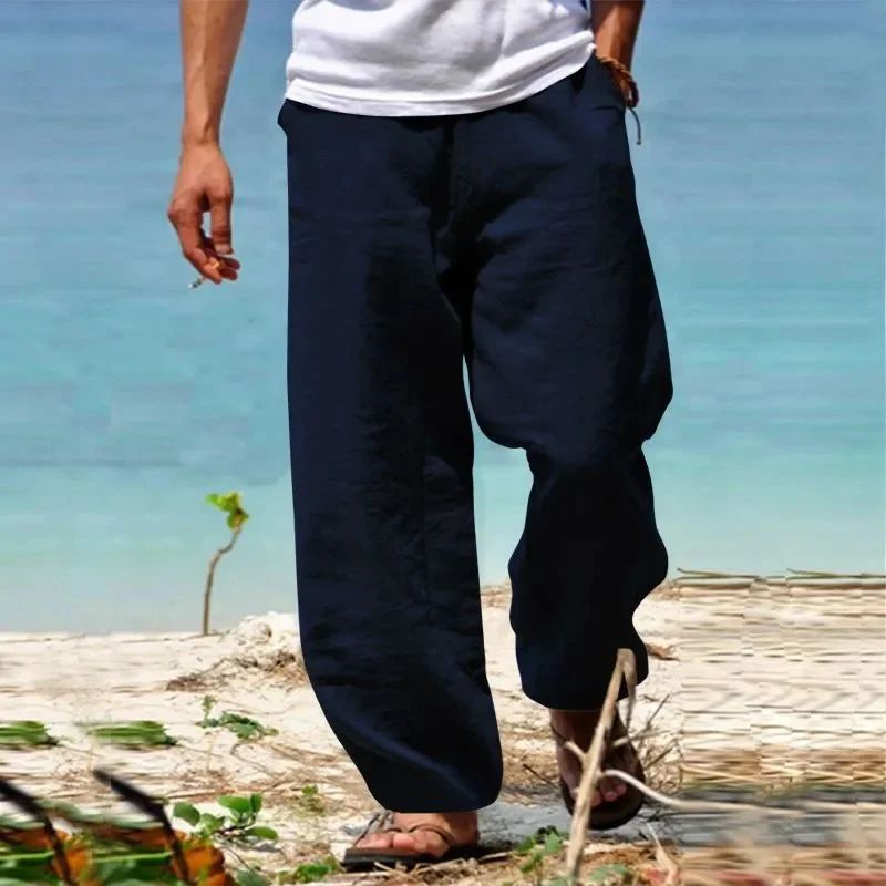 Men's Linen Beach Pants Breathable Loose Straight Trousers Male Summer Casual Solid Color Japanese Streetwear