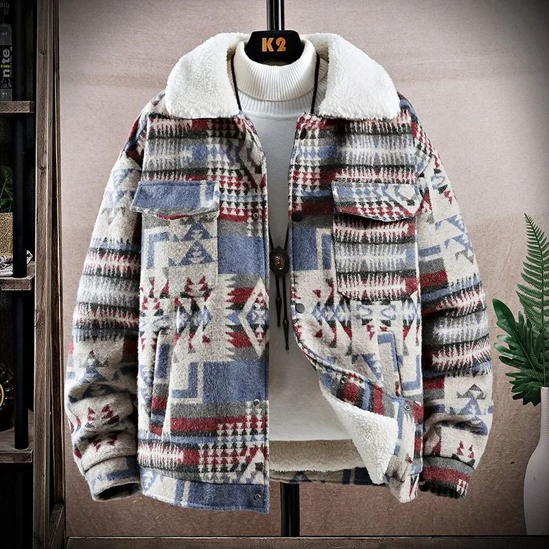 High-quality Woolen Jacket Men's Retro Print Casual Business Trench Coat Winter Keep Warm Short Overcoat Streetwear Men Clothing