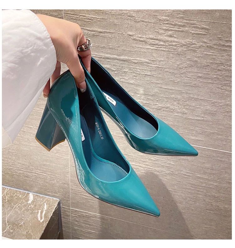 Women Shoes Patent Leather Slip-On Chunky Heels High Heels Women Temperament Pointed Toe Shallow Sexy Wedding Shoes Pumps