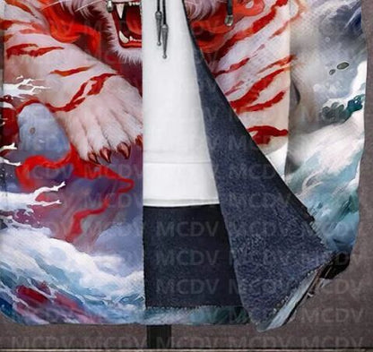 Men's Retro Print Plush Thick Long-Sleeved Coat Cardigan Tiger 3D Prined Fleece Hooded Overcoat Unisex Thick Warm Jacket