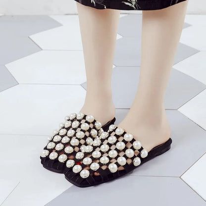 Women Fashion Casual Pearl Beaded Flat Studded  Mules Solid Color Pearl Sandals Casual Flat-heel Non-slip Flip Flops Lightweight