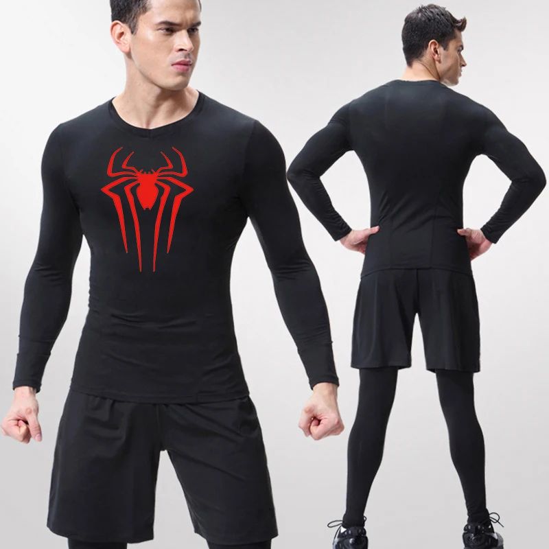 Spider Print Long Sleeve Compression Shirts for Men Gym Workout Rash Guard Undershirts Baselayers Athletic Quick Dry Tees Tops