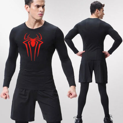 Spider Print Long Sleeve Compression Shirts for Men Gym Workout Rash Guard Undershirts Baselayers Athletic Quick Dry Tees Tops