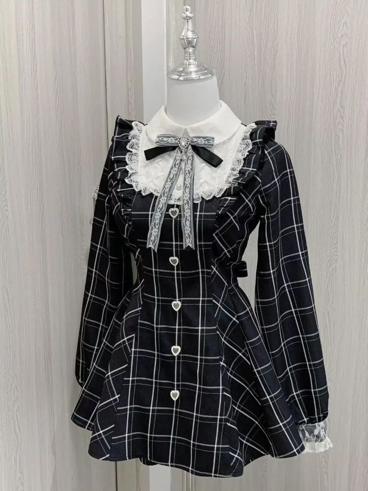 Harajuku Sweet Bow Black Plaid Dresses All-match Slim Fit Kawaii Lolita Dress fo