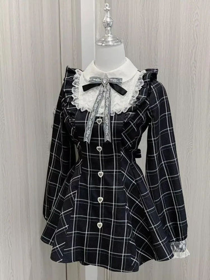 Harajuku Sweet Bow Black Plaid Dresses All-match Slim Fit Kawaii Lolita Dress fo