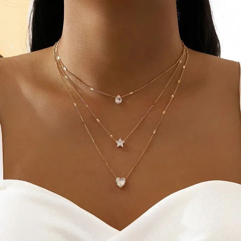 Colar de Pingente em Camadas na Corrente de Pescoço Feminino Cristal Zircônia Coração Estrela Charm Colar Camadas Vintage Joias de Pescoço Femininas Quentes