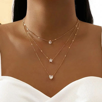 Colar de Pingente em Camadas na Corrente de Pescoço Feminino Cristal Zircônia Coração Estrela Charm Colar Camadas Vintage Joias de Pescoço Femininas Quentes