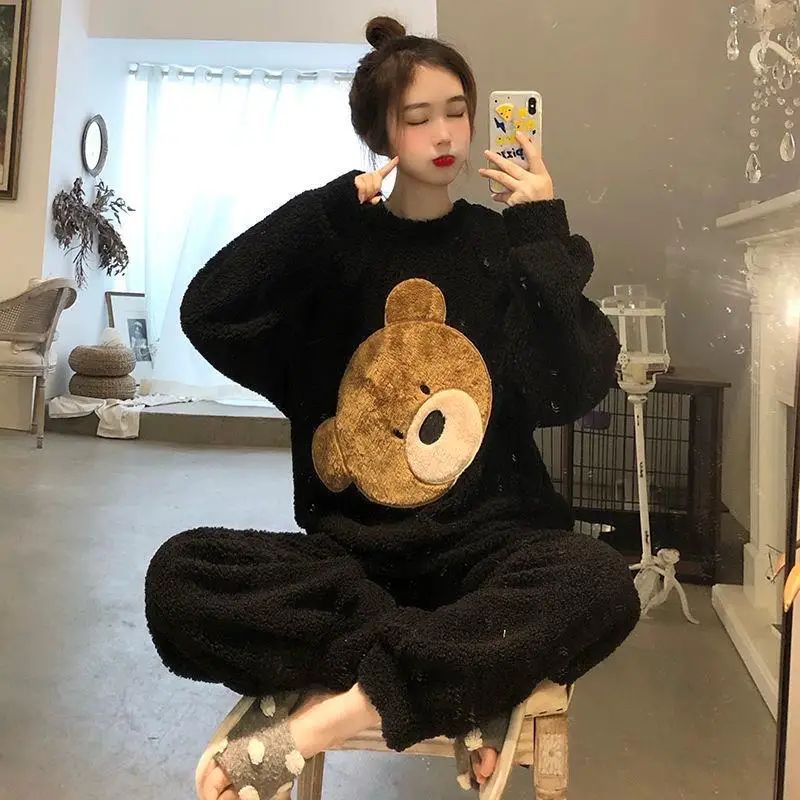 Thickened Warm Women Winter Two Pieces Set Flannel Homewear Pajamas O-Neck Loose Cute Cartoon Bear Ladies Sleepwear Loungewear