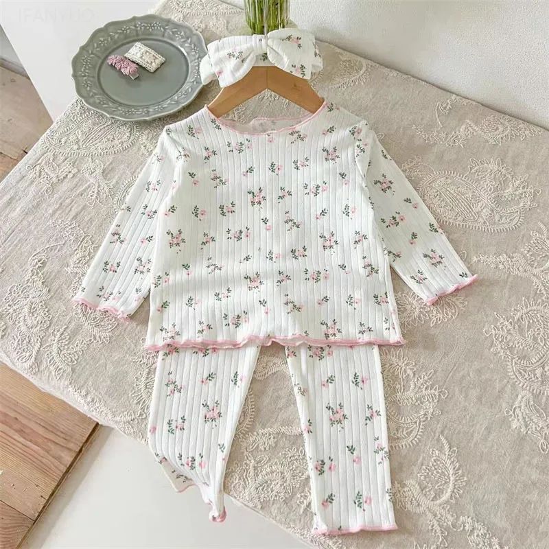 2Pcs Soft Breathable Kids Newborn Baby Pajamas Set 0-3Y Infant Pink Floral Cotton Home Wear Suit Toddler Girls Sweet Loungewear