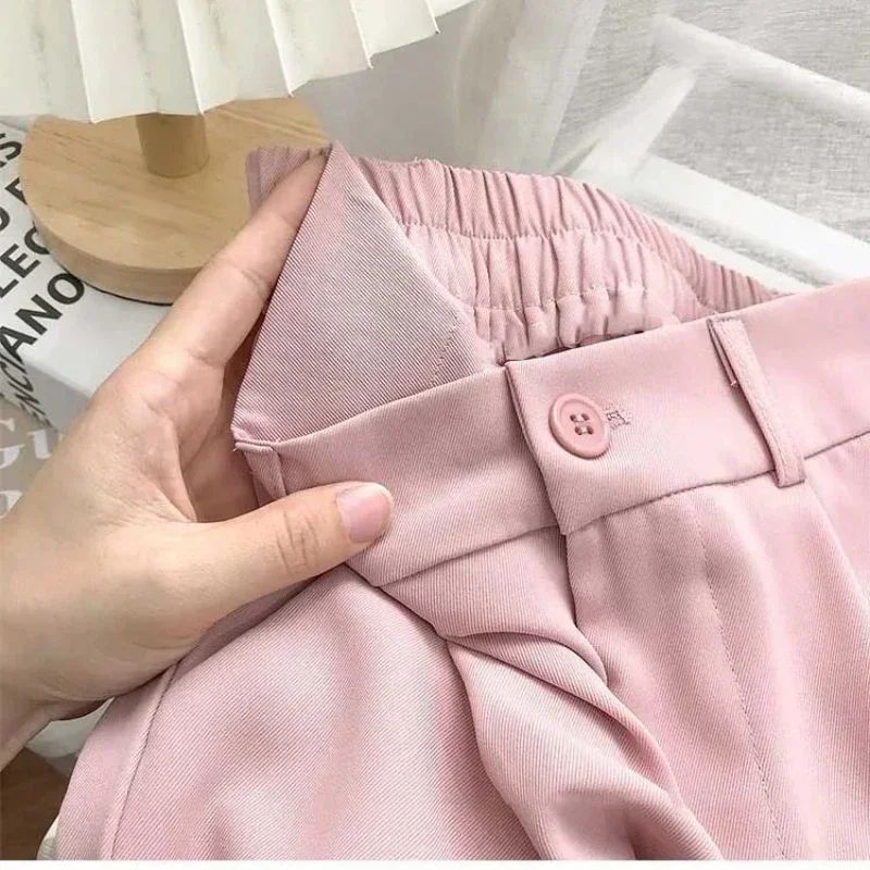 Fashion Elastic High Waist Suit Pants Women Fall Spring Casual Loose Straight Black Trouser Office Ladies Nine Points Streetwear