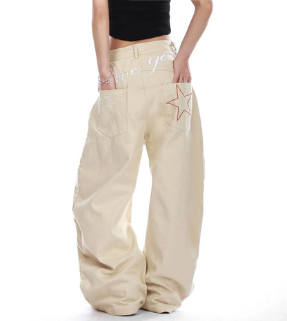 Retro American Star Letter Embroidery Wide Leg Jeans Men's Loose Long Trousers Workwear Pants Summer Denim Low Waist Straight