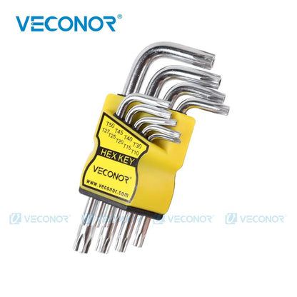 Conjunto de 9 Chaves Torx Allen Estrela de Braço Curto Métricas Duráveis em Aço Cromo Vanádio T10 T15 T20 T25 T27 T30 T40 T45 T50