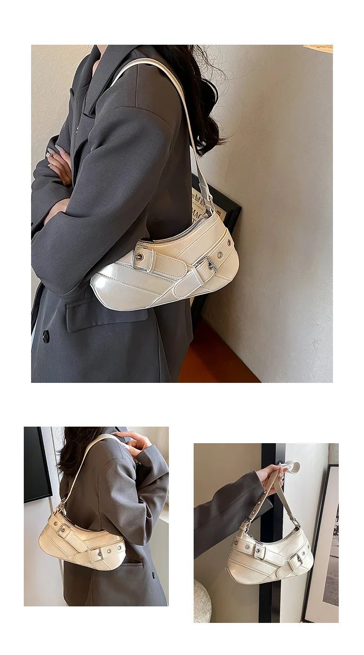 Red Vintage Shoulder Bag Y2K Belt Design PU Leather Underarm Bags for Women Trend Hot Cool Girl Crossbody Bag Punk Style Handbag