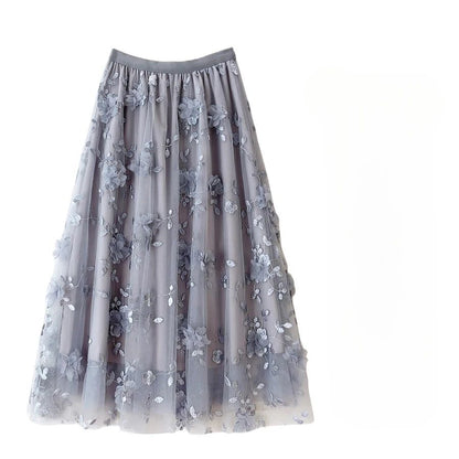 New in A-Line High Waist Embroidery 3D Flower Tulle Midi Skirt Women Spring Summer Pink Chic Elegant Mesh Party Long Skirt