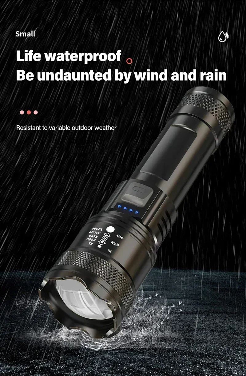Tactical LED Flashlight 2000LM USB Rechargeable Waterproof Grade Zoom Torch Bright Portable Emergency Light for Camping Outdoor