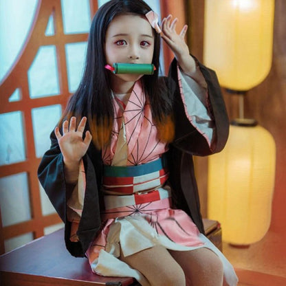 Anime Nezuko Nezuko Cosplay Costume Nezuko Wig Uniform with Props for Adult Kids Halloween Carnival Costumes