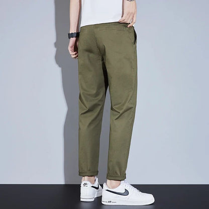 Casual Men Orange Loose Straight Business Pants Green Khaki Elastic Waist Trousers Soft Cotton Lyocell Fabric Korean Cargo Pants