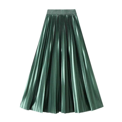 High Waist Satin Pleated Skirt 1 Meter Long Floor Length Pearl Glitter A- Line Umbrella Half Body Skirts Polyester Fiber