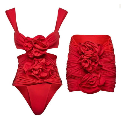 2024 Sexy Red 3D Ruffle Flower One Piece and Skirt set Swimwear beachwear Party Dress  Clearance Wholesale
