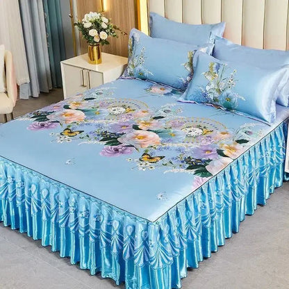 Kit 3 Peças de Lençol de Casal com Renda Clássica Azul Royal, Saia para Cama, Colcha de Casamento Lavável à Máquina, Capa de Colchão