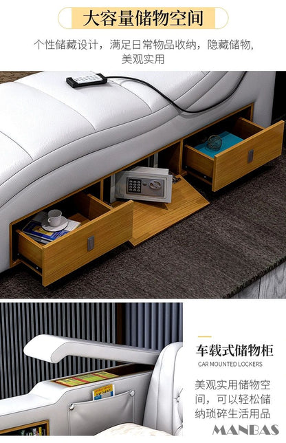 MANBAS Ultimate Bed Frame Tech Smart Multifunctional Bed with Genuine Leather, Massage, USB, Bluetooth Speaker, Tatami & Safe