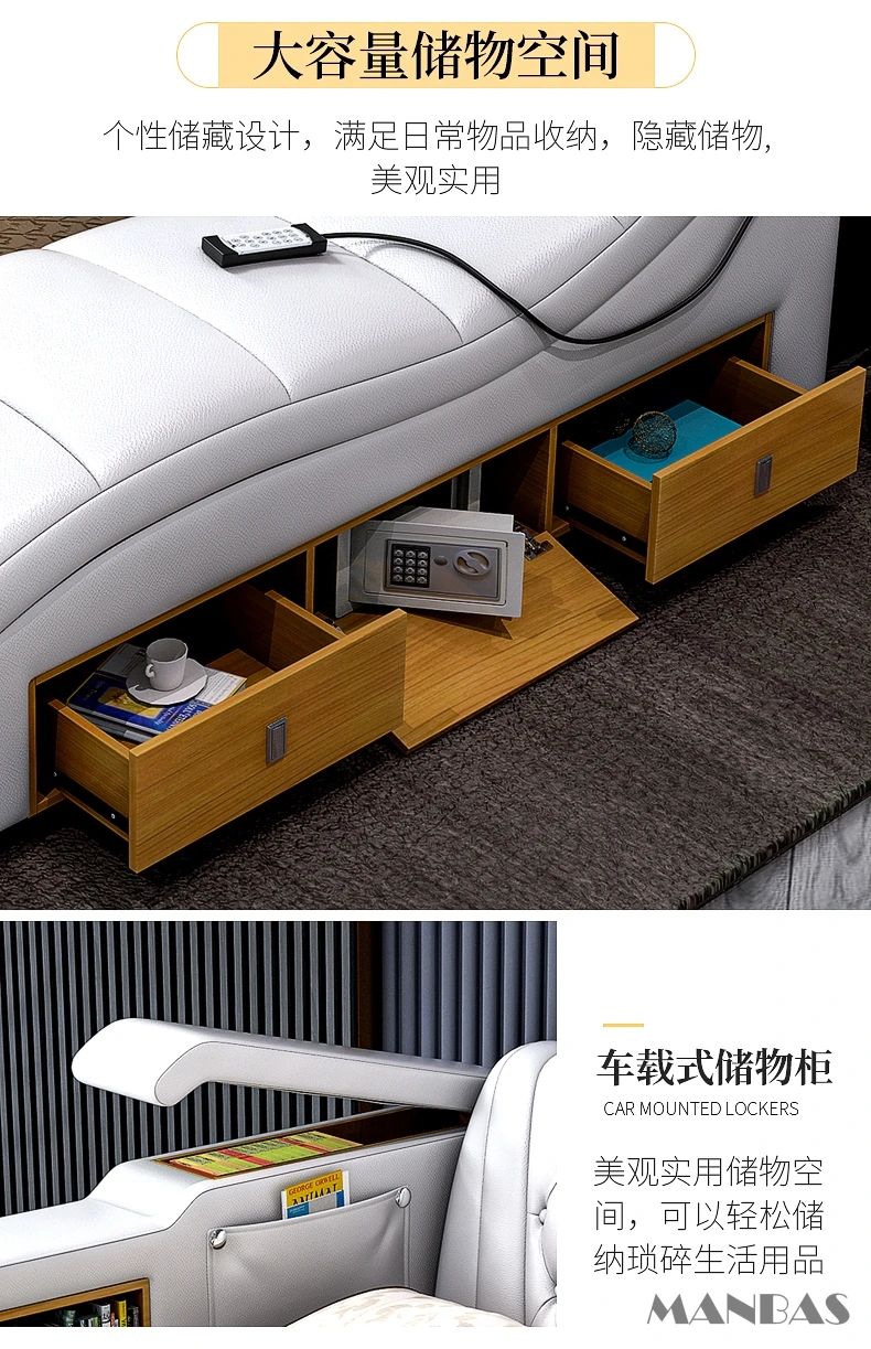 MANBAS Ultimate Bed Frame Tech Smart Multifunctional Bed with Genuine Leather, Massage, USB, Bluetooth Speaker, Tatami & Safe