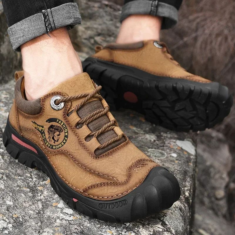 Sapatos Masculinos de Couro Genuíno para Camping, Caminhada, Tênis Esportivo Masculino, Sapatos Casuais de Viagem, Lazer, Caminhada, Escalada