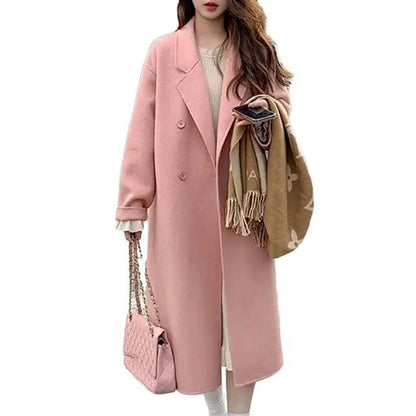 Women Coat Double-Breasted Mid-length Outerwear Lapel Stylish Warm Mid-Length Double Pockets Winter Coat Lady Accessories