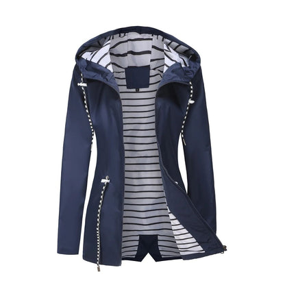 Blue Waterproof Hooded Jacket Women Fashion Casual Coat Waist Drawstring Tie Zipper Switch Red Green Yellow Black Windbreaker