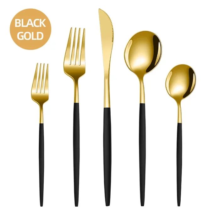 Conjunto de talheres de aço inoxidável banhado a ouro e titânio preto, com 5 peças, cabo com talheres de boca e conjunto de talheres de mesa