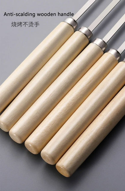New Wooden handle anti-scalding barbecue skewers can be reused 304 stainless steel metal barbecue skewers wide skewers