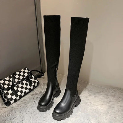 Women's Solid Color Chunky Heel Boots, Stylish Side Zipper Over The Knee Boots, Fashion Platform Long Boots