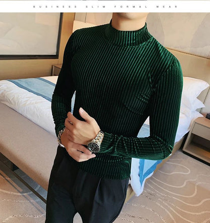 New Gold Velvet T Shirt Men Clothing Fashion Trend Male Luxury Prom Party Long-sleeved Striped Pullover Tops Homme