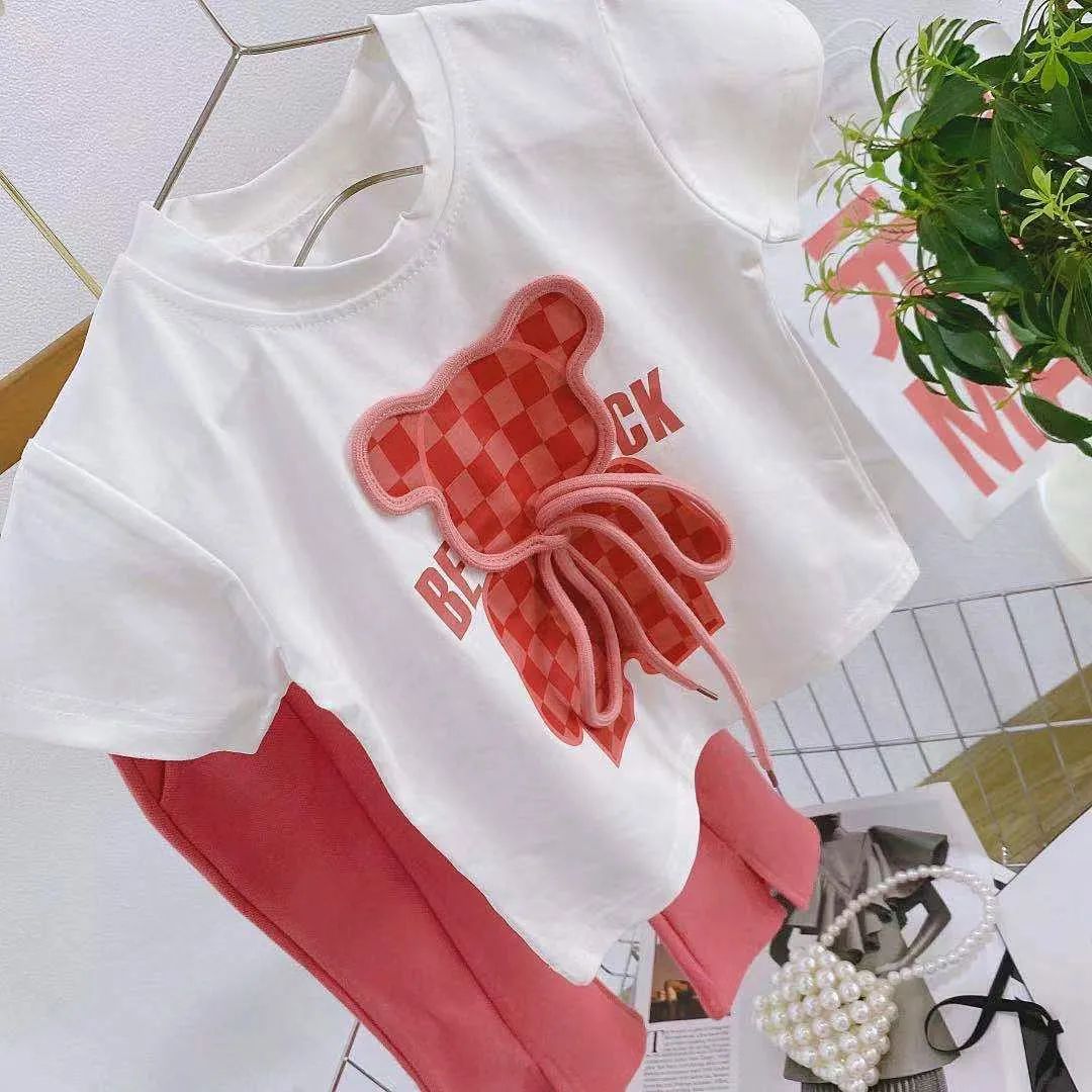 Summer Baby Girls Clothes Set Toddler Kid Cartoon Bear Tshirt and Flared Pants Suit Children Short Sleeve Top Bottom Tracksuit