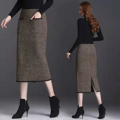New Style Gold Mink Cashmere Elastic High Waist Office Lady Knee-length Skirts Solid Split Fork Hip Wrap Skirt High Elasticity