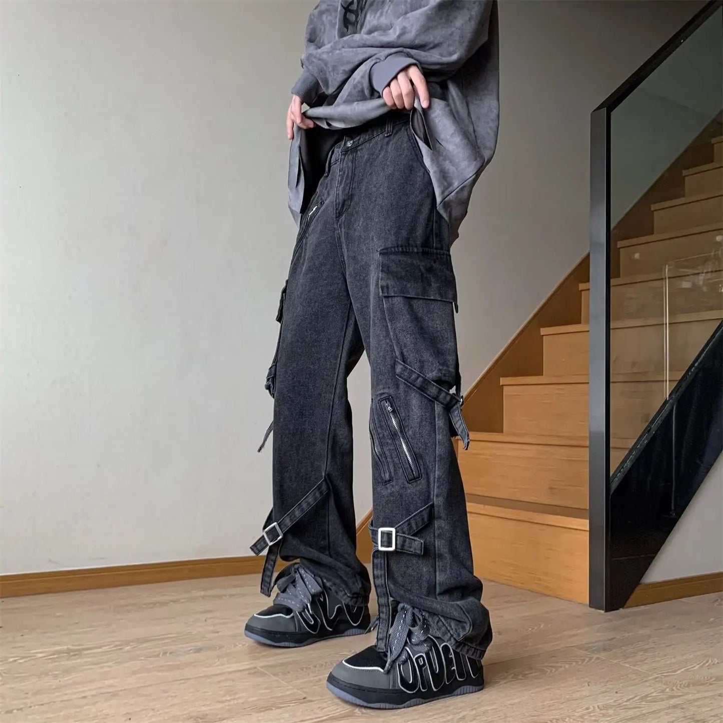 Vibezip-up Americano Jeans Masculinos da Moda Boca de Sino Solta Estilo Gangsta de Rua Ins Roupa de Trabalho Casual