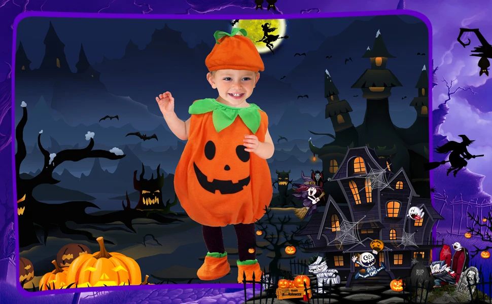 Kids Romper Costume Pumpkin Halloween Cosplay Party Boys Girls Stage Performance With Bags Holiday Clothing