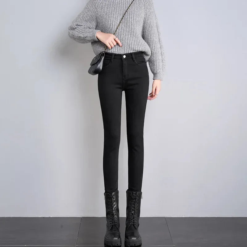 Winter Women Chic Fleece Thermal High Waist Jeans Lady Snow Warm Plush Denim Pants Girls Classic Fashion Straight Leg Trousers